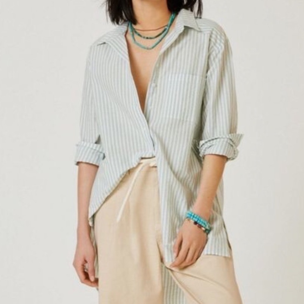 By Anthropologie Sage Green Striped Button Down Tunic Shirt M Coastal Beachy